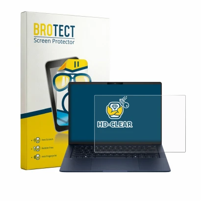 Front side of a product packaging with the brand logo BROTECT. Next to it is the device HP EliteBook X G2q 14 shown with the c