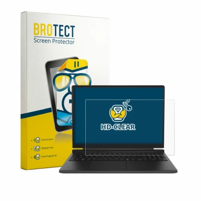 Front side of a product packaging with the brand logo BROTECT. Next to it is the device Dell Alienware 15 DA15260 shown with t