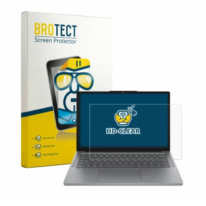 Front side of a product packaging with the brand logo BROTECT. Next to it is the device Lenovo Chrome 14M8911 shown with the c