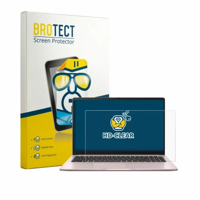 Front side of a product packaging with the brand logo BROTECT. Next to it is the device ASUS Chromebook CX15 shown with the co