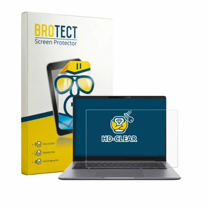 Front side of a product packaging with the brand logo BROTECT. Next to it is the device ASUS ExpertBook PM3 shown with the cor