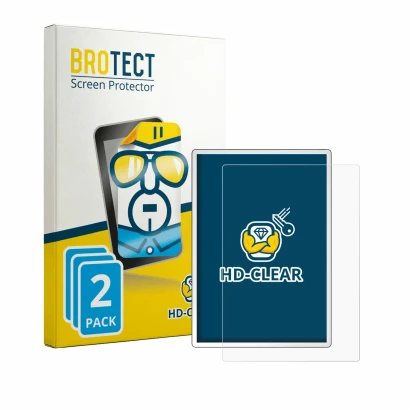 Front side of a product packaging with the brand logo BROTECT. Next to it is the device PocketBook InkPad One shown with the c