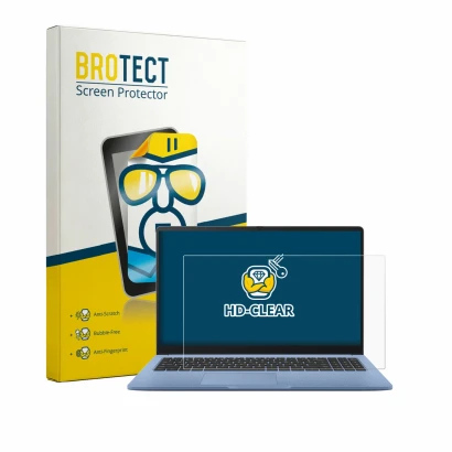 Front side of a product packaging with the brand logo BROTECT. Next to it is the device ASUS Chromebook CM15 shown with the co