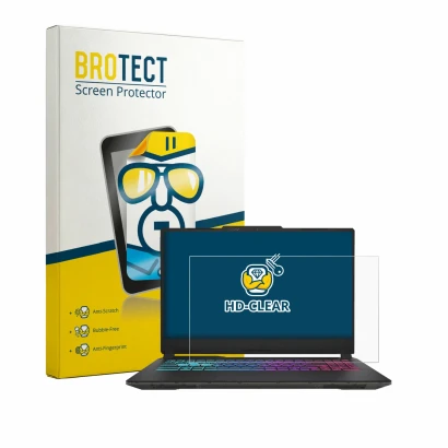 Front side of a product packaging with the brand logo BROTECT. Next to it is the device MSI Cyborg 15 A13V shown with the corr