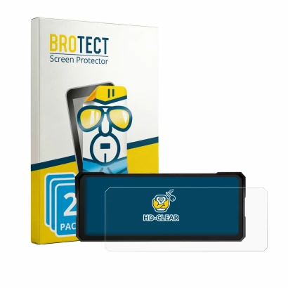Front side of a product packaging with the brand logo BROTECT. Next to it is the device Jansite MT36 8.1" shown with the corre
