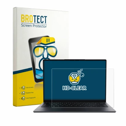 Front side of a product packaging with the brand logo BROTECT. Next to it is the device Chuwi UniBook shown with the correspon
