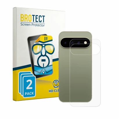 Front side of a product packaging with the brand logo BROTECT. Next to it is the device Google Pixel 11 Pro XL (Back) shown wi
