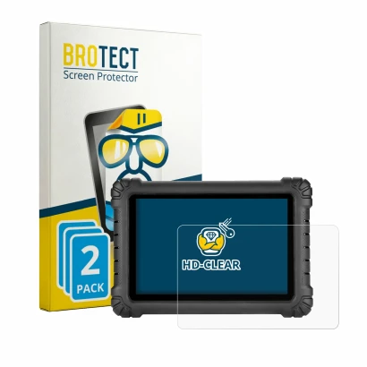 Front side of a product packaging with the brand logo BROTECT. Next to it is the device Autel MaxiSys MS906 MAX shown with the