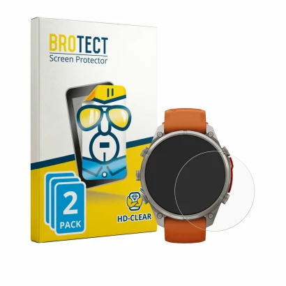 Front side of a product packaging with the brand logo BROTECT. Next to it is the device Garmin Fenix 9 Pro (47 mm) shown with
