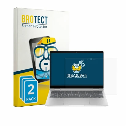 Front side of a product packaging with the brand logo BROTECT. Next to it is the device HP ProBook 4 Flip G2i 13“ shown with t