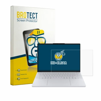 Front side of a product packaging with the brand logo BROTECT. Next to it is the device Lenovo Googlebook 15 shown with the co
