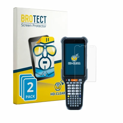 Front side of a product packaging with the brand logo BROTECT. Next to it is the device Datalogic Falcon X65 shown with the co