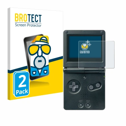 Front side of a product packaging with the brand logo BROTECT. Next to it is the device Nintendo Gameboy Advance GBA SP shown