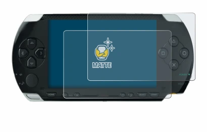 Image of the device Sony PSP 1000 with a wide variety of screen protectors.