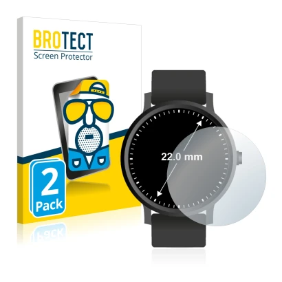 Front side of a product packaging with the brand logo BROTECT. Next to it is the device Watches (Circular, ø: 22 mm) shown wit