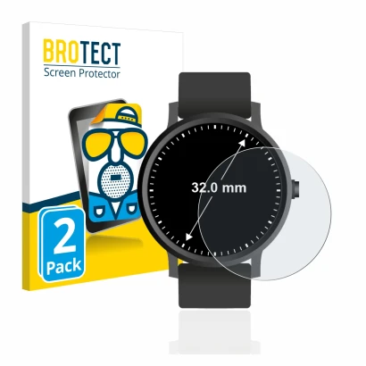 Front side of a product packaging with the brand logo BROTECT. Next to it is the device Watches (Circular, ø: 32 mm) shown wit