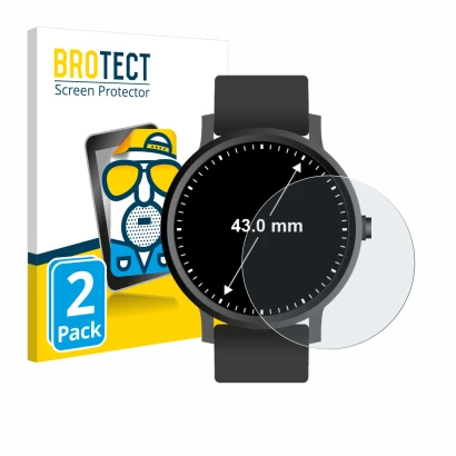 Front side of a product packaging with the brand logo BROTECT. Next to it is the device Watches (Circular, ø: 43 mm) shown wit