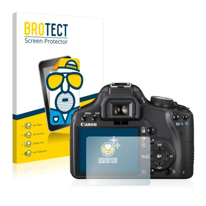 Front side of a product packaging with the brand logo BROTECT. Next to it is the device Canon EOS 500D shown with the correspo