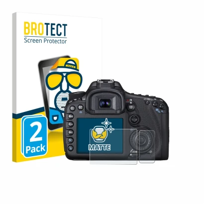 Front side of a product packaging with the brand logo BROTECT. Next to it is the device Canon EOS 7D shown with the correspond