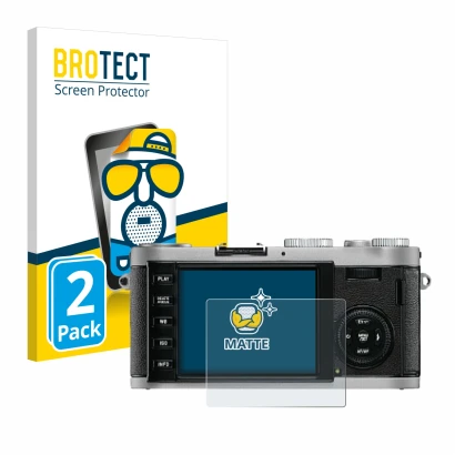 Front side of a product packaging with the brand logo BROTECT. Next to it is the device Leica X1 shown with the corresponding 