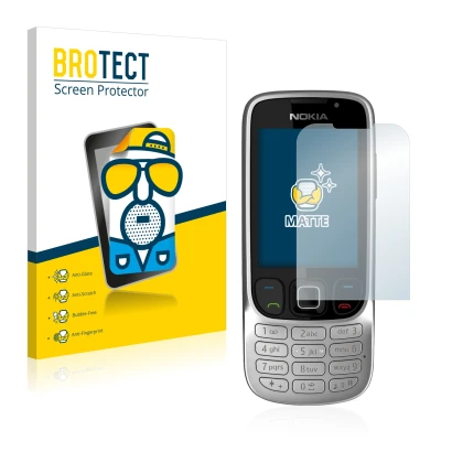 Front side of a product packaging with the brand logo BROTECT. Next to it is the device Nokia 6303i classic shown with the cor