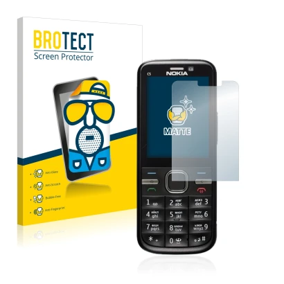 Front side of a product packaging with the brand logo BROTECT. Next to it is the device Nokia C5-00 shown with the correspondi