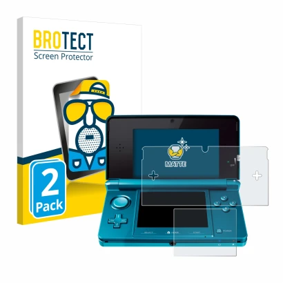 Front side of a product packaging with the brand logo BROTECT. Next to it is the device Nintendo 3DS shown with the correspond