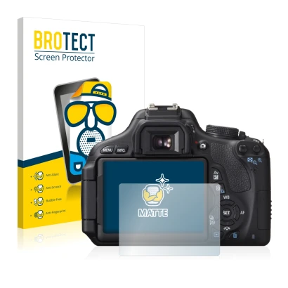 Front side of a product packaging with the brand logo BROTECT. Next to it is the device Canon EOS 600D shown with the correspo