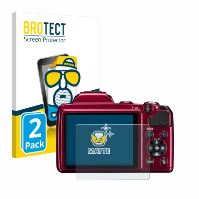 Front side of a product packaging with the brand logo BROTECT. Next to it is the device Nikon Coolpix L120 shown with the corr