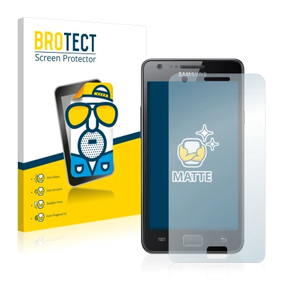 Front side of a product packaging with the brand logo BROTECT. Next to it is the device Samsung Galaxy S2 shown with the corre