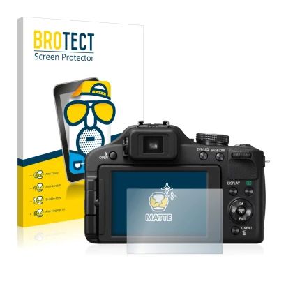 Front side of a product packaging with the brand logo BROTECT. Next to it is the device Panasonic Lumix DMC-FZ150 shown with t