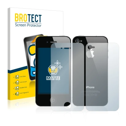 Front side of a product packaging with the brand logo BROTECT. Next to it is the device Apple iPhone 4S (Front+Back) shown wit