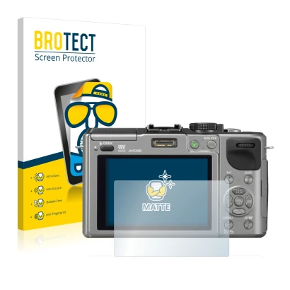 Front side of a product packaging with the brand logo BROTECT. Next to it is the device Panasonic Lumix DMC-GX1 shown with the
