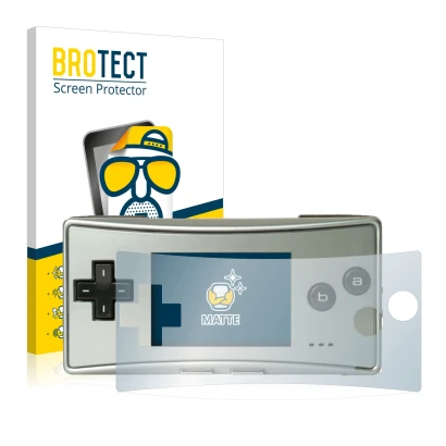 Front side of a product packaging with the brand logo BROTECT. Next to it is the device Nintendo Gameboy Micro shown with the