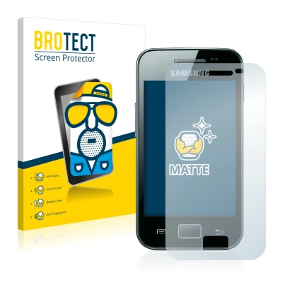 Front side of a product packaging with the brand logo BROTECT. Next to it is the device Samsung Galaxy Ace S5830i shown with t