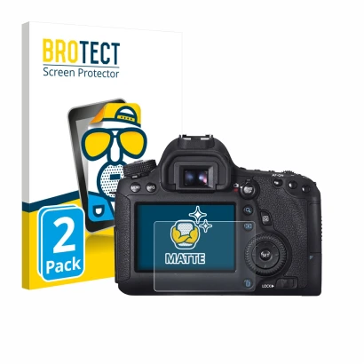 Front side of a product packaging with the brand logo BROTECT. Next to it is the device Canon EOS 6D shown with the correspond