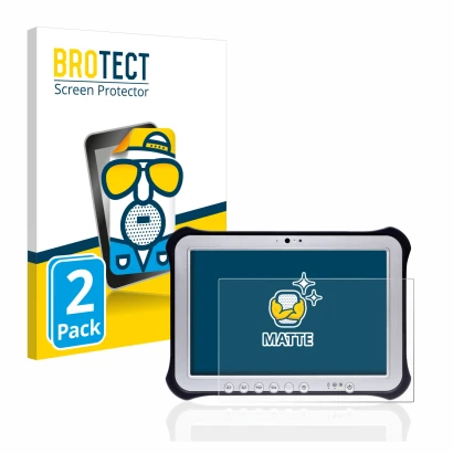 Front side of a product packaging with the brand logo BROTECT. Next to it is the device Panasonic Toughpad FZ-G1 shown with th