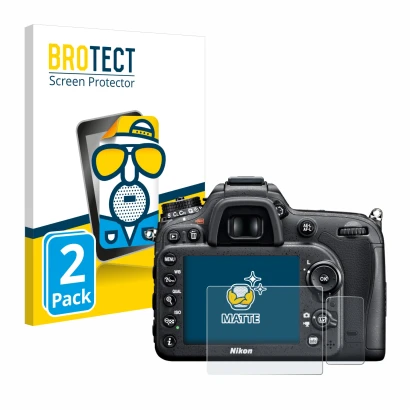 Front side of a product packaging with the brand logo BROTECT. Next to it is the device Nikon D7100 shown with the correspondi