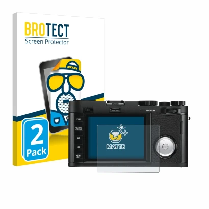 Front side of a product packaging with the brand logo BROTECT. Next to it is the device Leica X Vario shown with the correspon