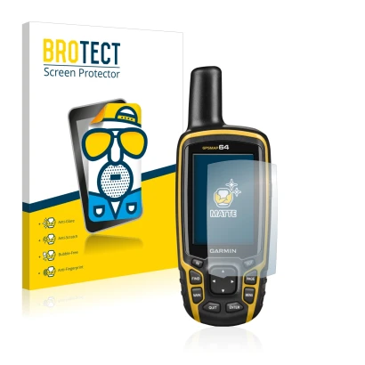 Front side of a product packaging with the brand logo BROTECT. Next to it is the device Garmin GPSMAP 64 shown with the corres
