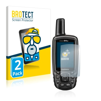 Front side of a product packaging with the brand logo BROTECT. Next to it is the device Garmin GPSMAP 64st shown with the corr