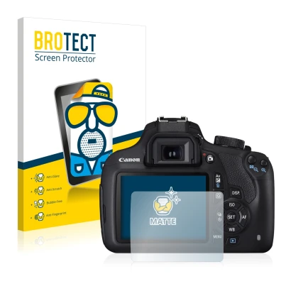 Front side of a product packaging with the brand logo BROTECT. Next to it is the device Canon EOS 1200D shown with the corresp