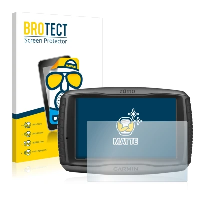 Front side of a product packaging with the brand logo BROTECT. Next to it is the device Garmin zumo 590LM shown with the corre