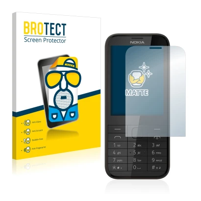 Front side of a product packaging with the brand logo BROTECT. Next to it is the device Nokia 225 shown with the corresponding