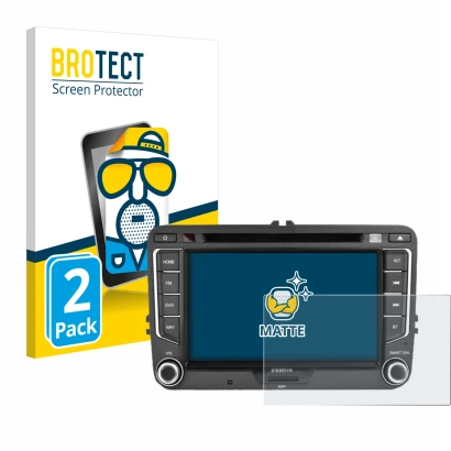 Front side of a product packaging with the brand logo BROTECT. Next to it is the device Zenec E>Go 7" shown with the correspon