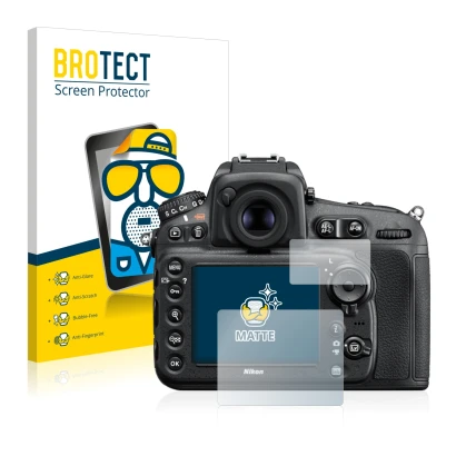 Front side of a product packaging with the brand logo BROTECT. Next to it is the device Nikon D810 shown with the correspondin