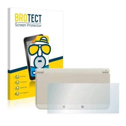 Front side of a product packaging with the brand logo BROTECT. Next to it is the device Nintendo New 3DS (housing) shown with