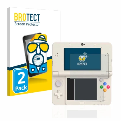 Front side of a product packaging with the brand logo BROTECT. Next to it is the device Nintendo New 3DS shown with the corres