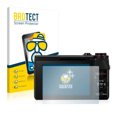 Front side of a product packaging with the brand logo BROTECT. Next to it is the device Canon PowerShot G7 X G7X shown with th