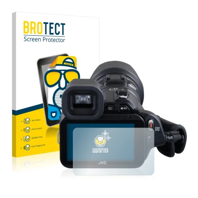 Front side of a product packaging with the brand logo BROTECT. Next to it is the device JVC GC-PX100BEU shown with the corresp